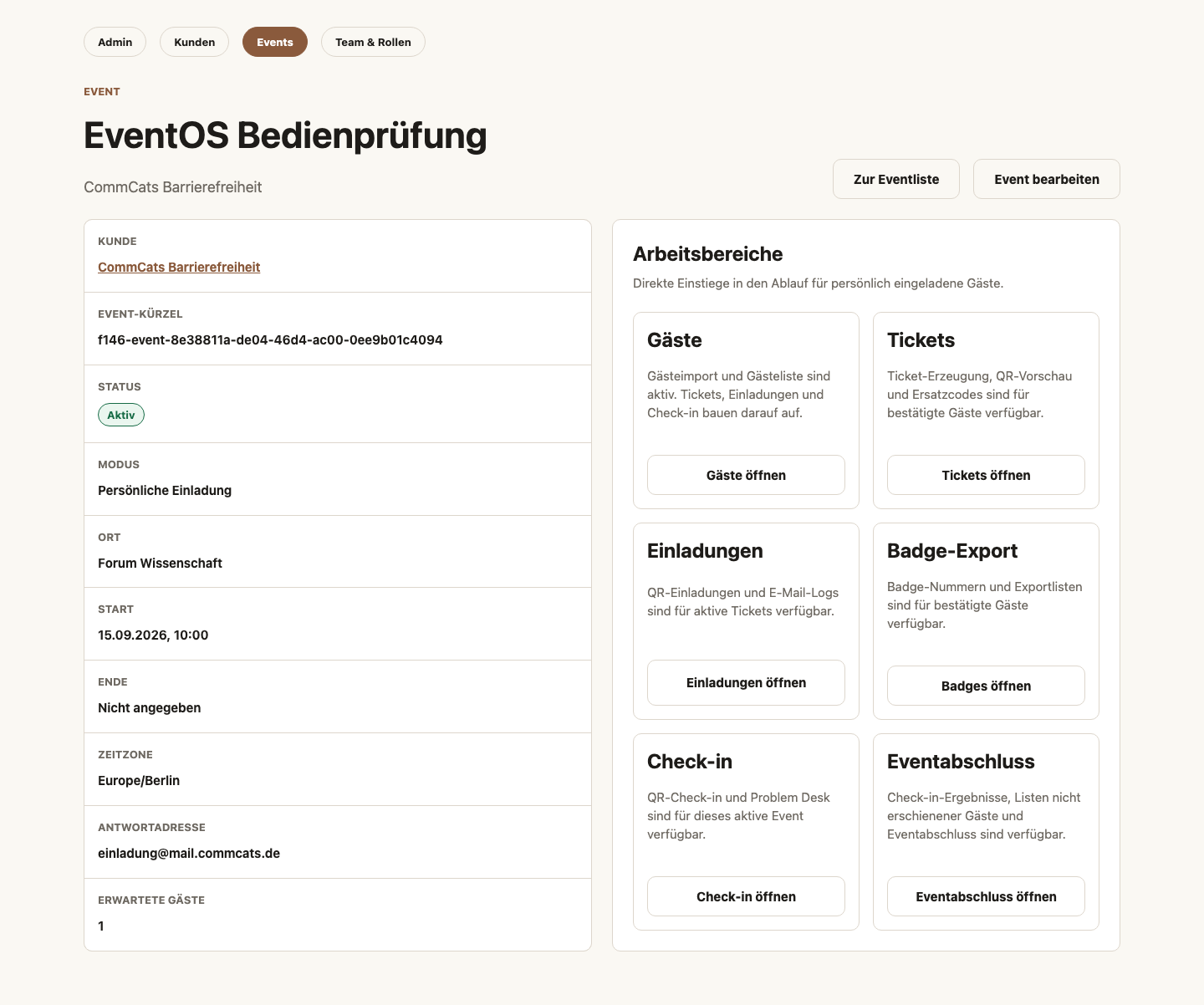 CommCats EventOS mit Arbeitsbereichen für Gäste, Einladungen, Badge-Export und Check-in